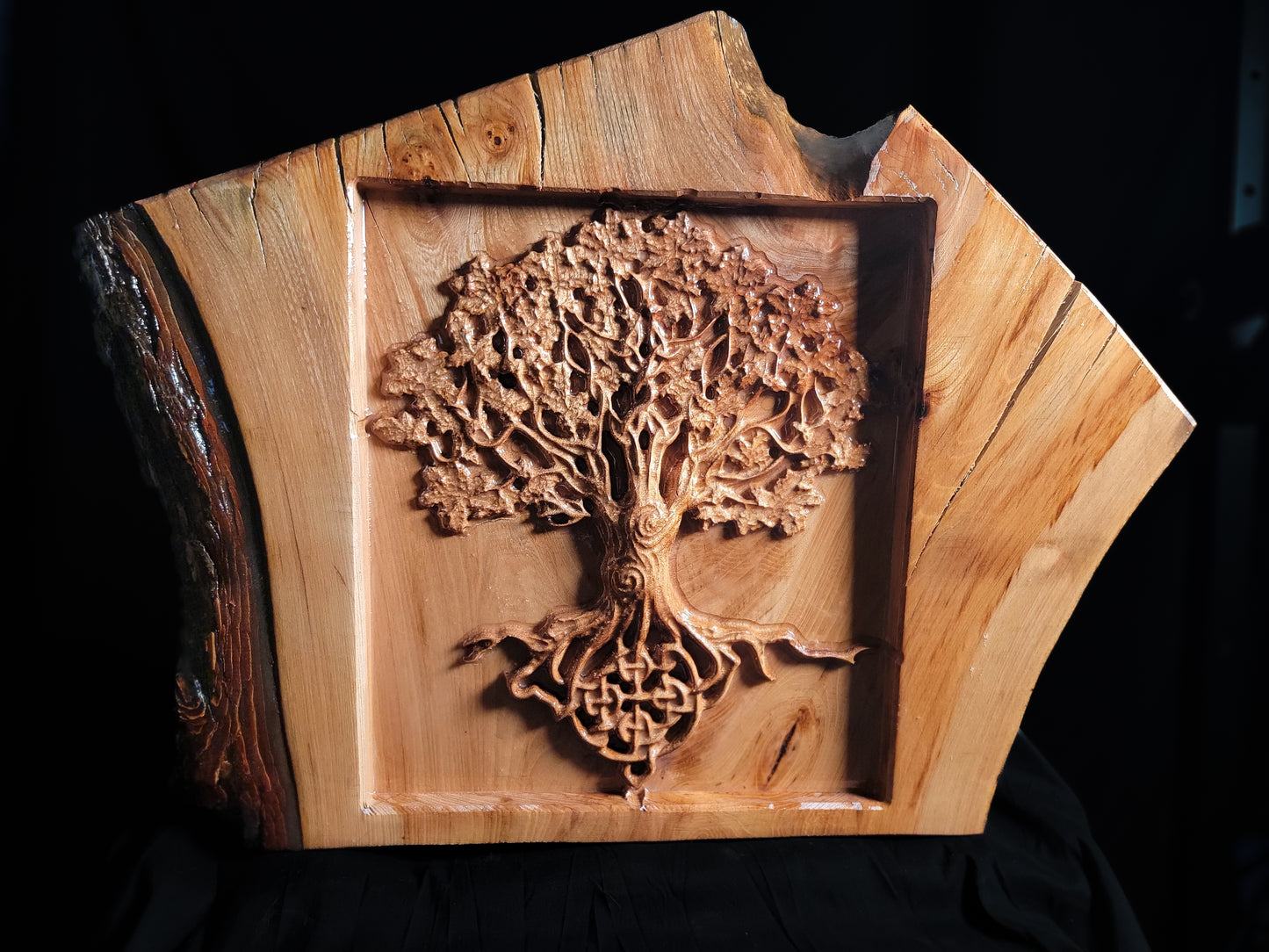 Roots of Eternity: Live Edge Celtic Tree in Carved Hardwood