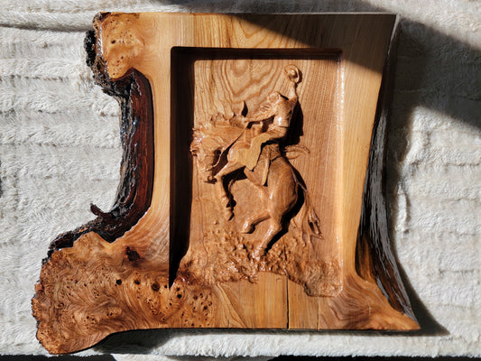 Ride of the West: Cowboy & Bronco in Carved Hardwood