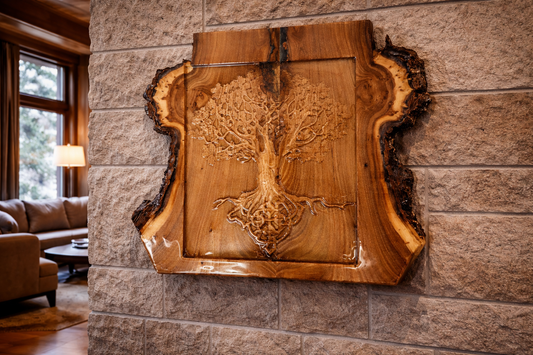 Roots of Balance: Live Edge Tree of Life in Natural Hardwood