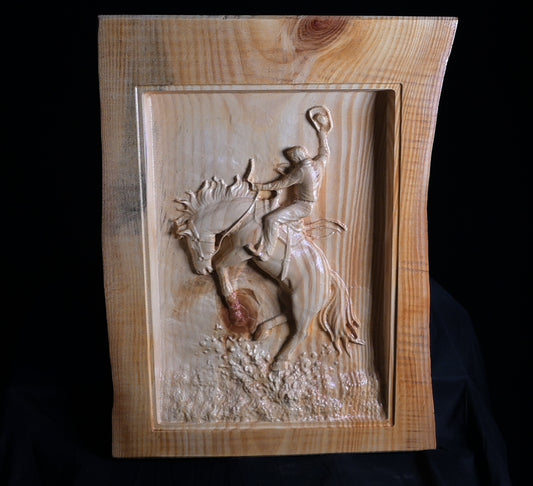 Ride of the West: Cowboy & Bronco in Carved Hardwood